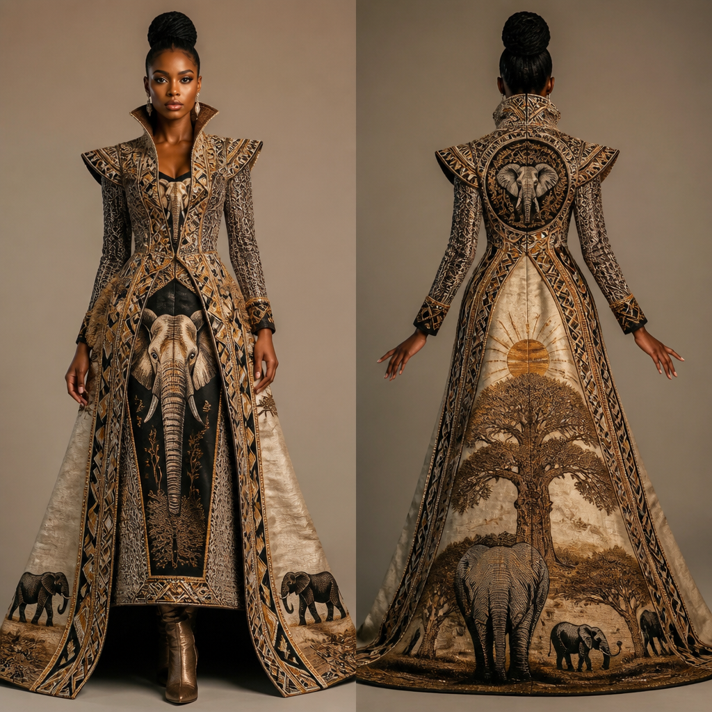 A Female Dress design, suitable for Winter, in Cultural style. I want something the represents the hwange national park in zimbabwe and a national costume for an international pageant it should tell a meaniful and cultural story of Zimbabwe and the park. ZW fashion aesthetics.
photorealistic fashion design, A Female Dress design, suitable for Winter, in Cultural style. I want something the represents the hwange national park in zimbabwe and a national costume for an international pageant it should tell a meaniful and cultural story of Zimbabwe and the park. ZW fashion aesthetics., cultural style, just the design no text, show front and back