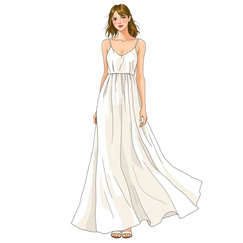 Summer dress minimalist and style eternal
Design a flowing summer maxi dress with an ethereal quality, featuring soft, organic lines and a muted pastel palette. Incorporate subtle asymmetry in the hem and delicate, adjustable straps. The fabric should be lightweight, breezy linen with a slight sheen, embodying a timeless elegance that transitions effortlessly from beach to brunch.