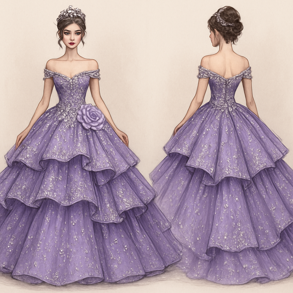 Violet colored layered ball gown with lots of diamonds and poof and flowers
Violet colored layered ball gown with lots of diamonds and poof and flowers, elegant style, show front and back