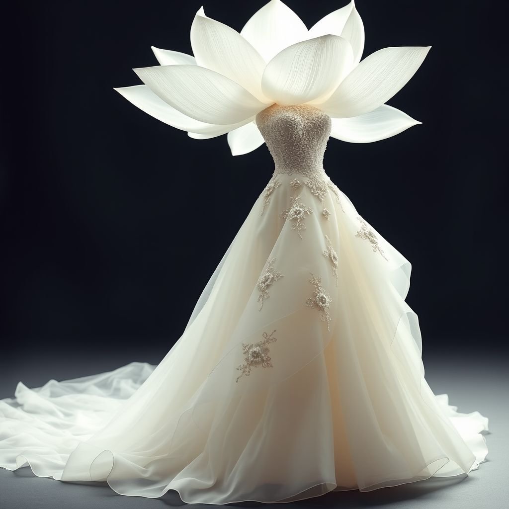I want to a wedding dress that is inspired by a white Lotus, but also gives Princess vibes
Design a breathtaking wedding dress inspired by the ethereal beauty of a white Lotus, featuring cascading, petal-like layers of silk organza. The bodice showcases intricate lace detailing, evoking a regal silhouette. Delicate pearl embellishments and a flowing train create an enchanting fairytale effect, perfect for a modern princess on her magical day.