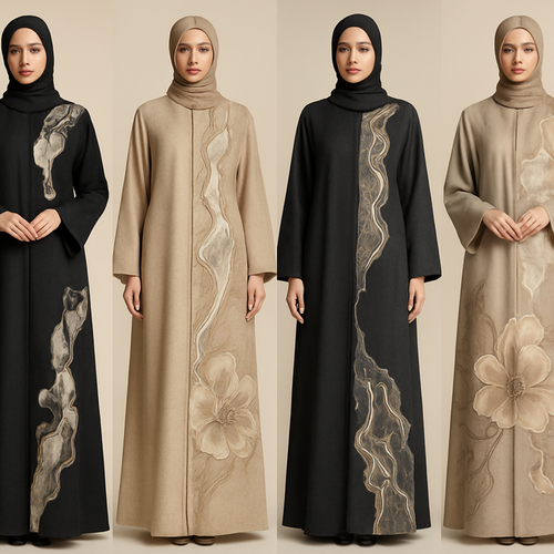 Create a modest abaya that's the first of its kind, featuring a unique stone design that exudes a classy and sophisticated vibe. I'd like four designs, each showcasing different styles and fabrics.Incorporate high-end, unique chic stone designs to make them truly special. And add little cute touch of sophisticated stone designs. Add huge flower and unique designs.