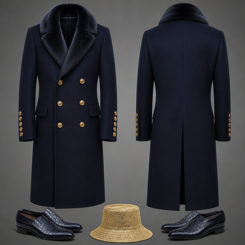 Men’s wool navyLong coat brass buttons six buttons on the sleeves and split in the back navy Fox collar golden wool bucket , navy gator leather shoes hat no model just outfit
photorealistic fashion design, Men’s wool navyLong coat brass buttons six buttons on the sleeves and split in the back navy Fox collar golden wool bucket , navy gator leather shoes hat no model just outfit , glamorous style, just the design no text, show front and back