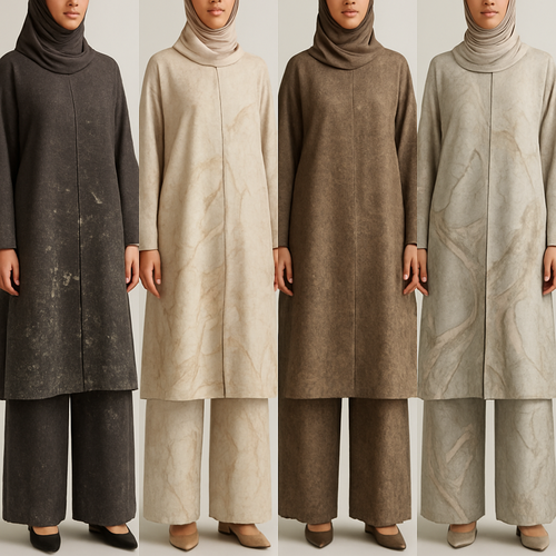 Create a modest abaya and loose pant, first of its kind, featuring a unique stone design that exudes a classy and sophisticated vibe. I'd like four designs, each showcasing different styles and fabrics. Incorporate high-end, unique chic stone designs to make them truly special. Add little sophisticated stone designs. Make it irresistible with designs that stands out.