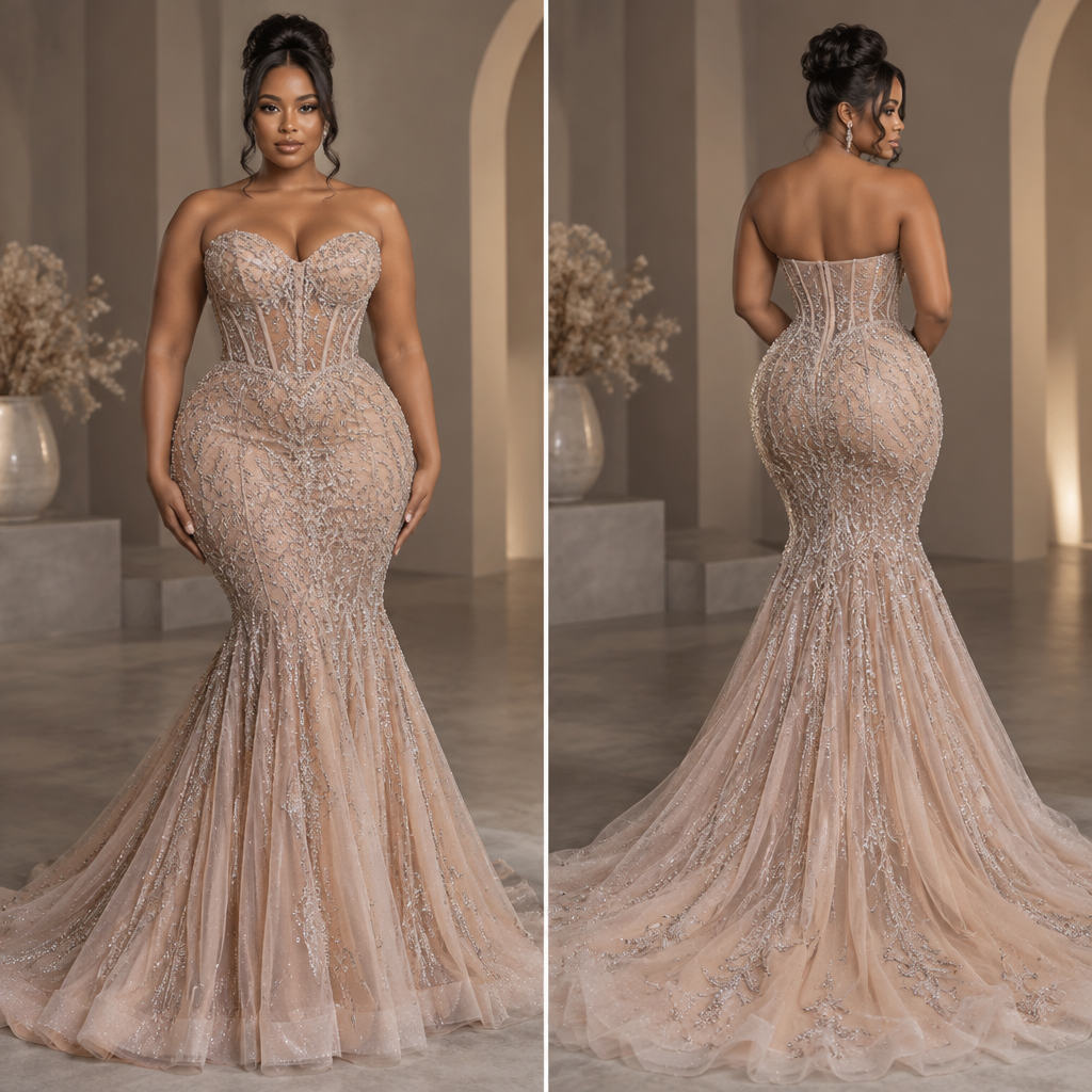 A Female Dress design, made of Tulle and Crystal Beading with illusion mesh, with modest to glam coverage: sweetheart strapless neckline, boned corset bodice with crystal vine embroidery, fitted mermaid silhouette with flared fishtail train and crystal sparkle, for Matric Dance, Evening Gala, suitable for all seasons, suited to a Temperate climate, in Elegant + Glam + Formal style, shown on a model with a curvy hourglass figure. South Africa fashion aesthetics. Present it as professional fashion catalogue photography, the garment is the subject, shown full-length with editorial styling, neutral posing and tasteful, non-suggestive framing. Show Front and Back view.
photorealistic fashion design, A Female Dress design, made of Tulle and Crystal Beading with illusion mesh, with modest to glam coverage: sweetheart strapless neckline, boned corset bodice with crystal vine embroidery, fitted mermaid silhouette with flared fishtail train and crystal sparkle, for Matric Dance, Evening Gala, suitable for all seasons, suited to a Temperate climate, in Elegant + Glam + Formal style, shown on a model with a curvy hourglass figure. South Africa fashion aesthetics. Present it as professional fashion catalogue photography, the garment is the subject, shown full-length with editorial styling, neutral posing and tasteful, non-suggestive framing. Show Front and Back view., just the design no text, show front and back