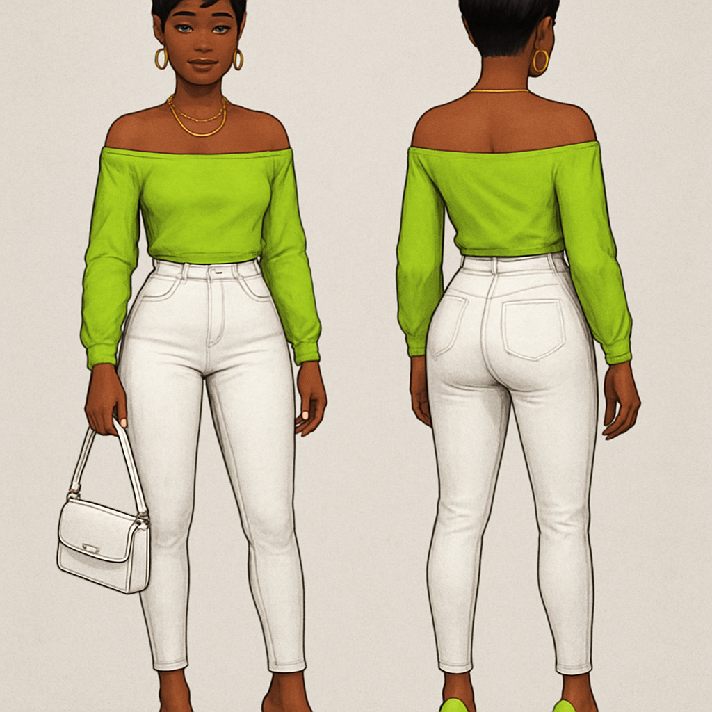 Black woman
Lime shirt off the shoulders
Tight white jeans
Lime heels
Gold necklace
And earrings
Gold rings on fingers
Pixie cut
White purse
Black woman
Lime shirt off the shoulders
Tight white jeans
Lime heels
Gold necklace
And earrings
Gold rings on fingers
Pixie cut
White purse , streetwear style, show front and back