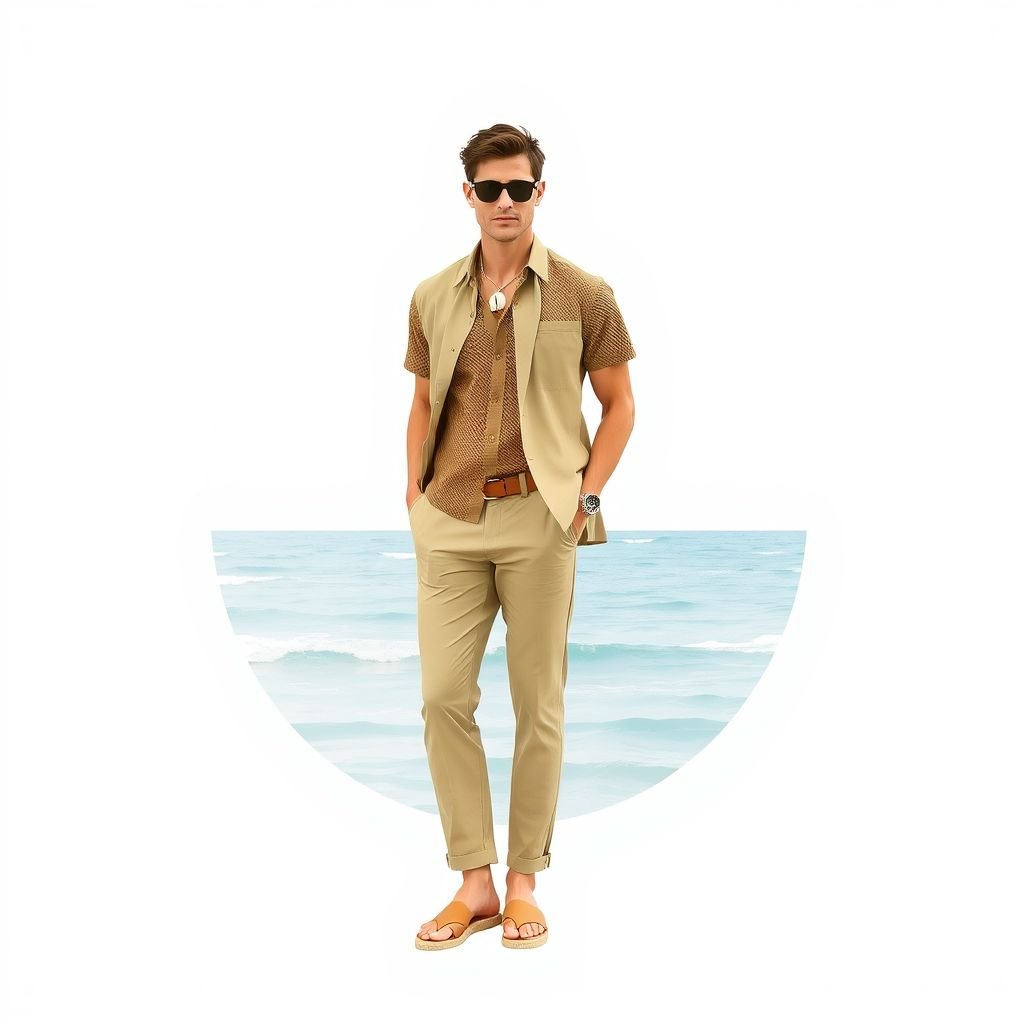 Create a beach mens outfit that has the top netting a tan color with the guy wearing seashell necklace. Have him wearing a nude suit jacket and pants with the outfit
Design a beach-inspired men's outfit featuring a tan, netted short-sleeve shirt that evokes ocean breezes. Layer a lightweight, nude-hued suit jacket with relaxed pants for effortless style. Accessorize with a statement seashell necklace and slip-on espadrilles, merging coastal charm with contemporary elegance for a chic seaside stroll.