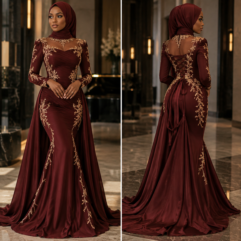 Design a modern, luxurious graduation prom dress for a young Muslim woman.
The main color must be a deep, rich dark burgundy red, with elegant gold details and embroidery.
The dress should have a modern fitted mermaid silhouette. It should be fitted neatly through the bodice, waist and hips, creating a clean, elegant shape, but it must remain modest and appropriate for a prom.
The skirt should NOT be extremely fluffy. Keep the lower part mostly fitted and let it slightly flare out only near the very bottom, creating a subtle and elegant mermaid finish.
The dress must have long sleeves. The sleeves should be elegant and fitted, with beautiful subtle gold detailing.
The chest area must be fully covered. No cleavage and no visible breasts. The neckline should be modest, while allowing a small amount of skin just above the bust/upper neckline area in a tasteful and sophisticated way.
Add beautiful gold embroidery/details around the neckline, sleeves, waist and selected areas of the skirt. Keep the gold details refined and luxurious rather than excessive.
The back should include an elegant lace-up corset-style closure with adjustable strings, integrated into the design. Add a subtle draped fabric/train at the back, but keep it modern and not overly dramatic.
The overall dress should look like a high-end modern prom gown, not a princess dress, not a wedding dress and not a traditional cultural costume.
Use a Black Muslim female model wearing the dress. The styling should be elegant and modest. Show the dress clearly with a realistic fashion-photography look and a slightly zoomed-in composition.
Style keywords: modern couture, dark burgundy red, gold embroidery, modest fashion, long sleeves, fitted mermaid silhouette, subtle flare at the bottom, elegant, sophisticated, luxurious, graduation prom, realistic fashion design.
photorealistic fashion design, Design a modern, luxurious graduation prom dress for a young Muslim woman.
The main color must be a deep, rich dark burgundy red, with elegant gold details and embroidery.
The dress should have a modern fitted mermaid silhouette. It should be fitted neatly through the bodice, waist and hips, creating a clean, elegant shape, but it must remain modest and appropriate for a prom.
The skirt should NOT be extremely fluffy. Keep the lower part mostly fitted and let it slightly flare out only near the very bottom, creating a subtle and elegant mermaid finish.
The dress must have long sleeves. The sleeves should be elegant and fitted, with beautiful subtle gold detailing.
The chest area must be fully covered. No cleavage and no visible breasts. The neckline should be modest, while allowing a small amount of skin just above the bust/upper neckline area in a tasteful and sophisticated way.
Add beautiful gold embroidery/details around the neckline, sleeves, waist and selected areas of the skirt. Keep the gold details refined and luxurious rather than excessive.
The back should include an elegant lace-up corset-style closure with adjustable strings, integrated into the design. Add a subtle draped fabric/train at the back, but keep it modern and not overly dramatic.
The overall dress should look like a high-end modern prom gown, not a princess dress, not a wedding dress and not a traditional cultural costume.
Use a Black Muslim female model wearing the dress. The styling should be elegant and modest. Show the dress clearly with a realistic fashion-photography look and a slightly zoomed-in composition.
Style keywords: modern couture, dark burgundy red, gold embroidery, modest fashion, long sleeves, fitted mermaid silhouette, subtle flare at the bottom, elegant, sophisticated, luxurious, graduation prom, realistic fashion design. , italian style, just the design no text, show front and back