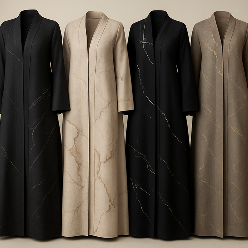 Create a modest two piece abaya, first of its kind, featuring a unique stone design that exudes a classy and sophisticated vibe. I'd like four designs, each showcasing different styles and fabrics. Incorporate high-end, unique chic stone designs to make them truly special. Add little sophisticated stone designs. Make it irresistible!