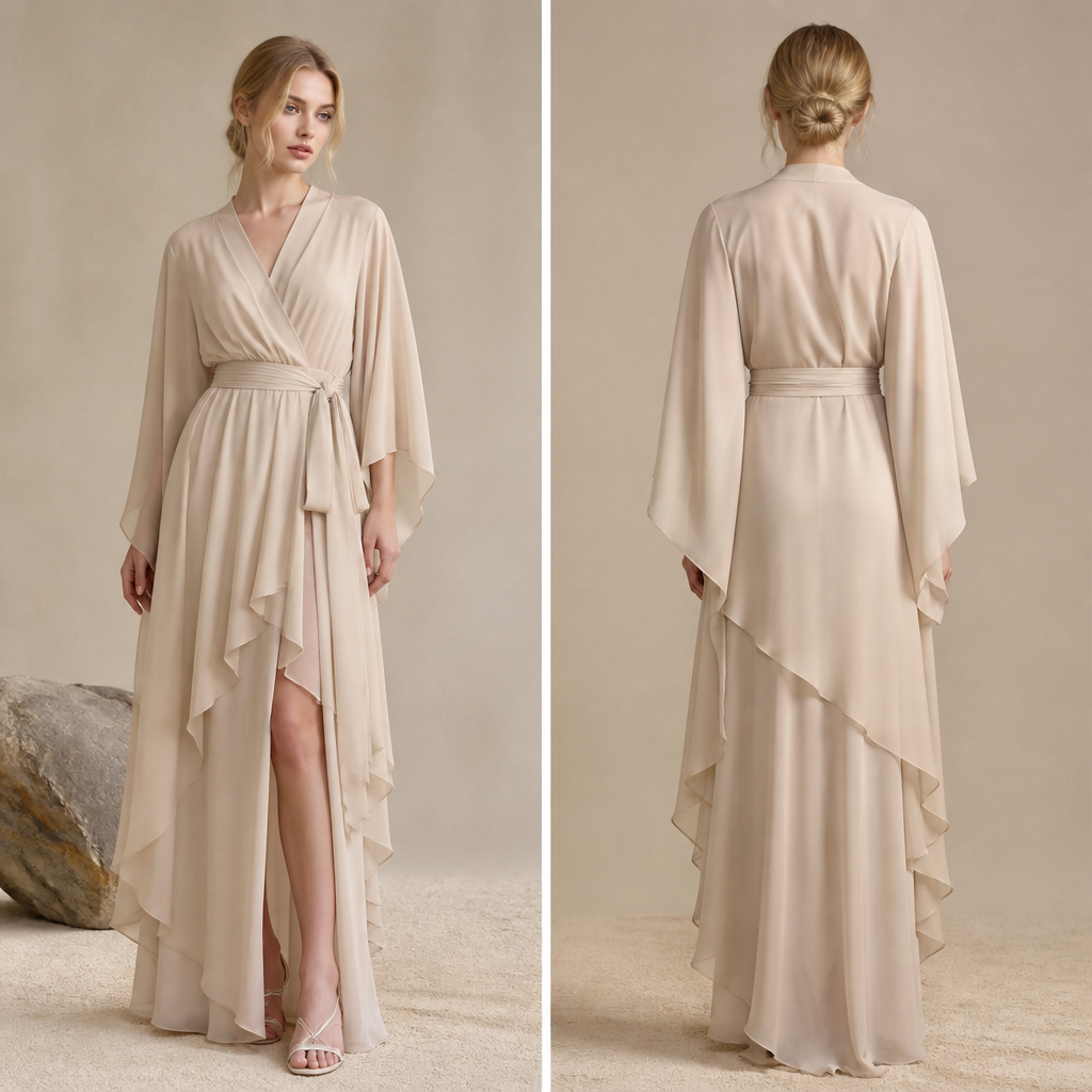 A Female Kimono design, made of Chiffon, with a light, flowing drape, with a Bodycon silhouette, styled in layers, for Party, suitable for Summer, suited to a Temperate climate, in Quiet Luxury + Coastal Grandmother + Princesscore style, shown on a model with fair skin and a slim figure. Russia fashion aesthetics. Present it as professional fashion catalogue photography: the garment is the subject, shown full-length with editorial styling, neutral posing and tasteful, non-suggestive framing.
photorealistic fashion design, A Female Kimono design, made of Chiffon, with a light, flowing drape, with a Bodycon silhouette, styled in layers, for Party, suitable for Summer, suited to a Temperate climate, in Quiet Luxury + Coastal Grandmother + Princesscore style, shown on a model with fair skin and a slim figure. Russia fashion aesthetics. Present it as professional fashion catalogue photography: the garment is the subject, shown full-length with editorial styling, neutral posing and tasteful, non-suggestive framing., quiet_luxury style, just the design no text, show front and back