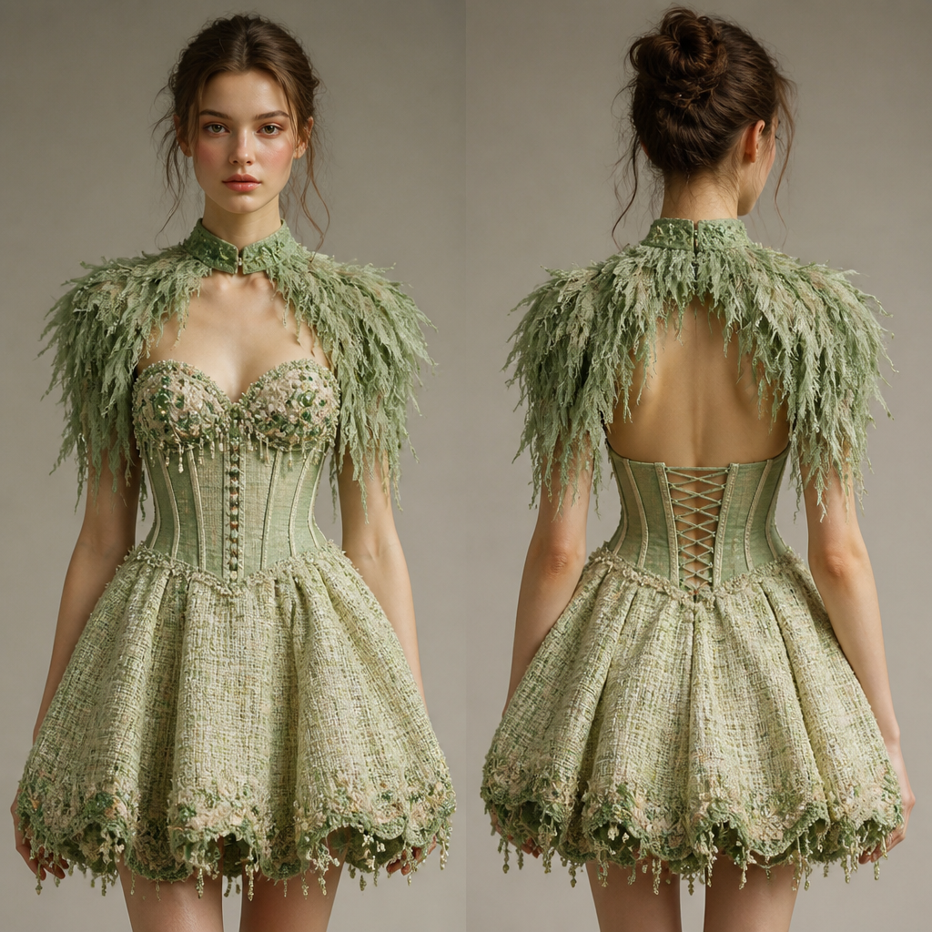 A Female Dress design, suitable for Summer, in Glamorous + Mori Kei + Tweed style. it is a corset balloon like short dress with green feathery material over the shirt but it made with cotton threads
the upper burst is beaded with stones that match with the skirt
photorealistic fashion design, A Female Dress design, suitable for Summer, in Glamorous + Mori Kei + Tweed style. it is a corset balloon like short dress with green feathery material over the shirt but it made with cotton threads
the upper burst is beaded with stones that match with the skirt, glamorous style, just the design no text, show front and back