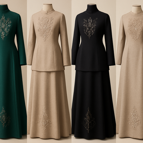 Create me modest two piece that's first in the world, using unique stone design, classy and sophisticated. Keep me 4 designs. Make them rich by adding minimal stone embroidery and stones designs. Showcasing different styles and fabric.