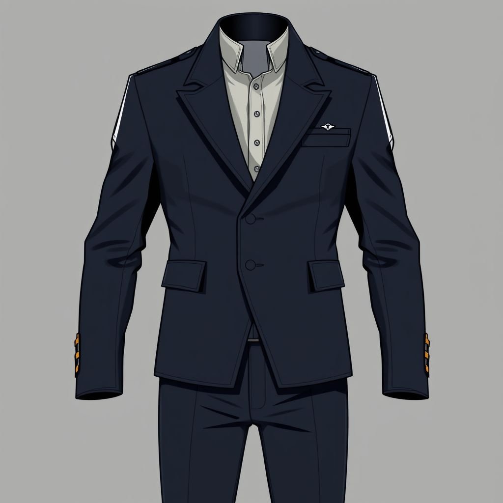 Design a male uniform for an investigation agency of the government, consisting of jacket and trouser. The jacket and the trouser are fitted Nd smart.
Design a sleek, tailored male uniform for a government investigation agency, incorporating a deep navy fabric with subtle ballistic weaving for durability. The jacket features sharp lapels, hidden pockets for gadgets, and a high collar. Fitted trousers with a tapered cut ensure mobility, while discreet insignias add an authoritative touch.