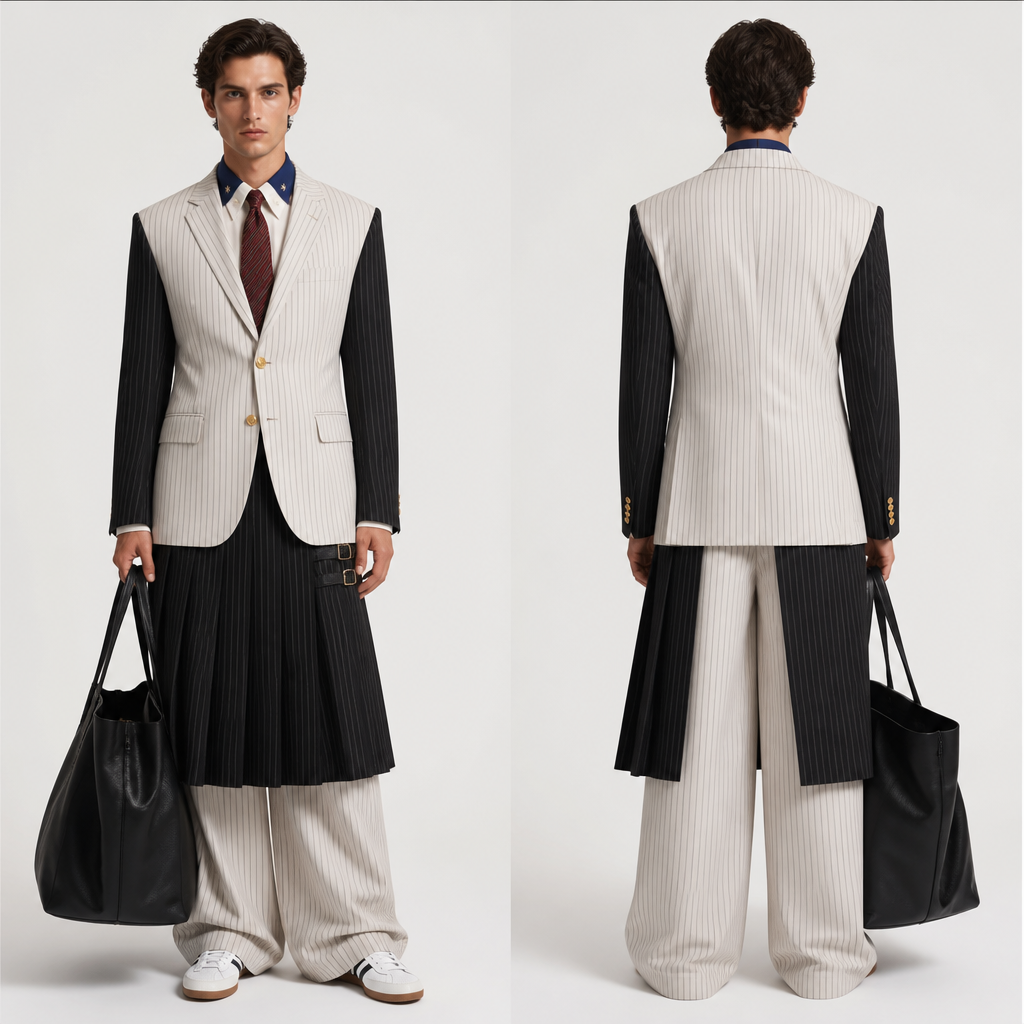 I wanna create a pin stripe in white with colour block sleeves in pinstripe black paired with vintage blazer school gold blazer buttons the pants must be a mix of a palazzos and kilt both long the kilt must be black pin stripe in the pleats and the palazzo pants must be pin strip the detail on the fitted shirt inside on the collar detail must be a deep blue with Masonic stars and the tie in burgundy pin strip paired with white samba sneakers and a soft tote leather bag oversized
photorealistic fashion design, I wanna create a pin stripe in white with colour block sleeves in pinstripe black paired with vintage blazer school gold blazer buttons the pants must be a mix of a palazzos and kilt both long the kilt must be black pin stripe in the pleats and the palazzo pants must be pin strip the detail on the fitted shirt inside on the collar detail must be a deep blue with Masonic stars and the tie in burgundy pin strip paired with white samba sneakers and a soft tote leather bag oversized , formal style, just the design no text, show front and back