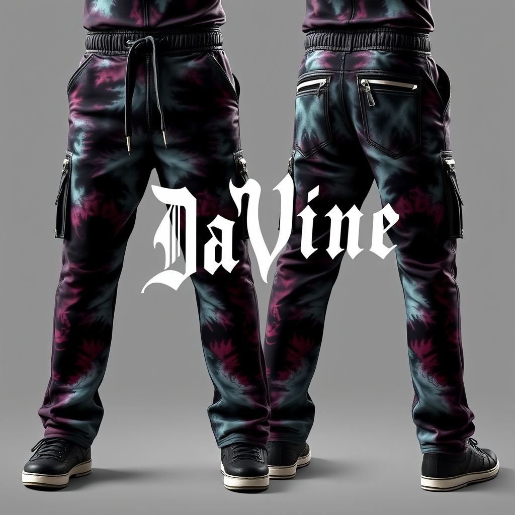 Manfinity Streetrush Men's Gothic Tie-Dye Font Print Straight Leg Pants. With “Da’Vine” going down the back of pant leg
Design a pair of men's straight leg pants that embody streetwear culture with a gothic twist. The fabric features a bold tie-dye pattern in deep, moody hues. The standout detail is the striking "Da’Vine" font cascading down the back leg, complemented by reflective accents, zipper pockets, and oversized, adjustable drawstrings.