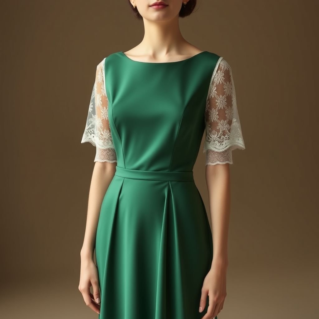 Green tight dress from top to bottom medium length bamboo fabric with half lace sleeves
Envision a classic, sophisticated medium-length green dress, meticulously crafted from luxurious bamboo fabric. The form-fitting silhouette accentuates the figure, while delicate lace half sleeves add a timeless elegance. Complemented by subtle pleats and a cinched waist, this design merges modern sustainability with vintage charm, perfect for a refined evening affair.