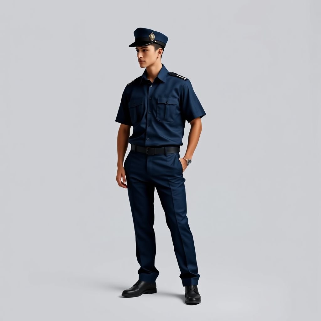 Male uniform for a police investigation agency of a hot and humid country. It should be smart but at the same time comfortable. The color range is blue. The cap can be replaced with a beret and the cargo trouser with straight ones. The color of the trouser and the shirt must be the same.
Design a sleek, functional uniform for a male police investigation agency in a hot, humid climate. Emphasize comfort and professionalism with a lightweight, breathable blue fabric. Craft a tailored short-sleeve shirt paired with straight-leg trousers, both in a deep navy shade. Replace the traditional cap with a stylish, breathable beret, enhancing the uniform's sophisticated yet practical look. Include subtle reflective accents for visibility while maintaining a polished aesthetic.