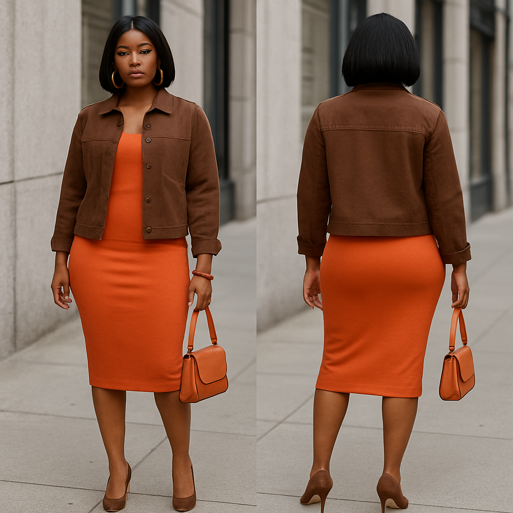 Black woman
Bodycon orange dress
Brown button down jacket
Orange earrings and brown bracelet
Bob
Brown heels
Orange purse
Black woman
Bodycon orange dress
Brown button down jacket
Orange earrings and brown bracelet
Bob
Brown heels
Orange purse
, streetwear style, show front and back