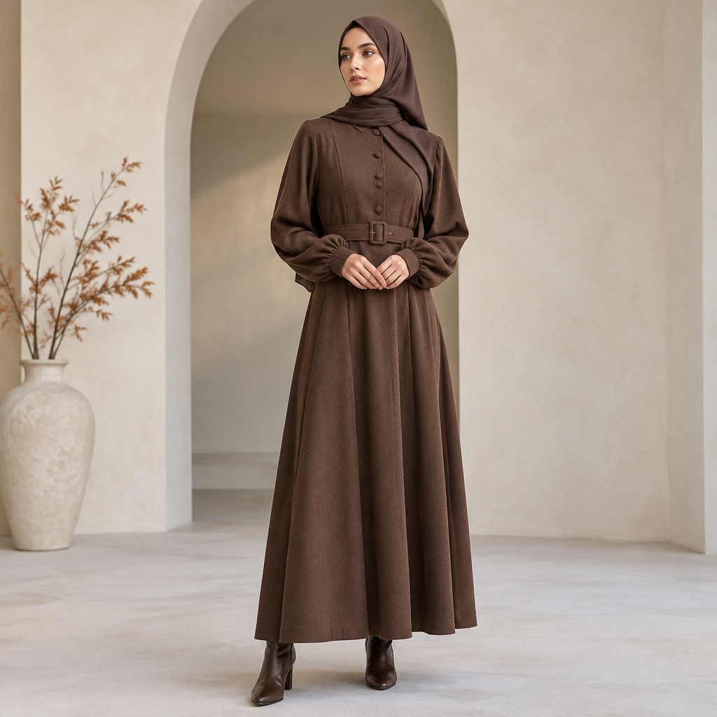 A Female Dress design, with modest, full coverage: longer hemlines, higher necklines and covered shoulders, suitable for Fall. IQ fashion aesthetics. Current season is Autumn in IQ. Present it as professional fashion catalogue photography: the garment is the subject, shown full-length with editorial styling, neutral posing and tasteful, non-suggestive framing.
photorealistic fashion design, A Female Dress design, with modest, full coverage: longer hemlines, higher necklines and covered shoulders, suitable for Fall. IQ fashion aesthetics. Current season is Autumn in IQ. Present it as professional fashion catalogue photography: the garment is the subject, shown full-length with editorial styling, neutral posing and tasteful, non-suggestive framing., just the design no text