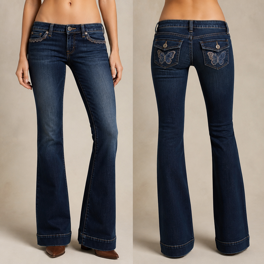 A Female Pants design. pantalon taille basse avec des poches arrière très 2000’s avec des petits papillons. Boot cut. bleu marine un peu délaver sur le dessus des cuisses des bordure papillon sur les poches de devant. un ourlet en bas des jambes. France fashion aesthetics. Present it as professional fashion catalogue photography: the garment is the subject, shown full-length with editorial styling, neutral posing and tasteful, non-suggestive framing.
photorealistic fashion design, A Female Pants design. pantalon taille basse avec des poches arrière très 2000’s avec des petits papillons. Boot cut. bleu marine un peu délaver sur le dessus des cuisses des bordure papillon sur les poches de devant. un ourlet en bas des jambes. France fashion aesthetics. Present it as professional fashion catalogue photography: the garment is the subject, shown full-length with editorial styling, neutral posing and tasteful, non-suggestive framing., just the design no text, show front and back