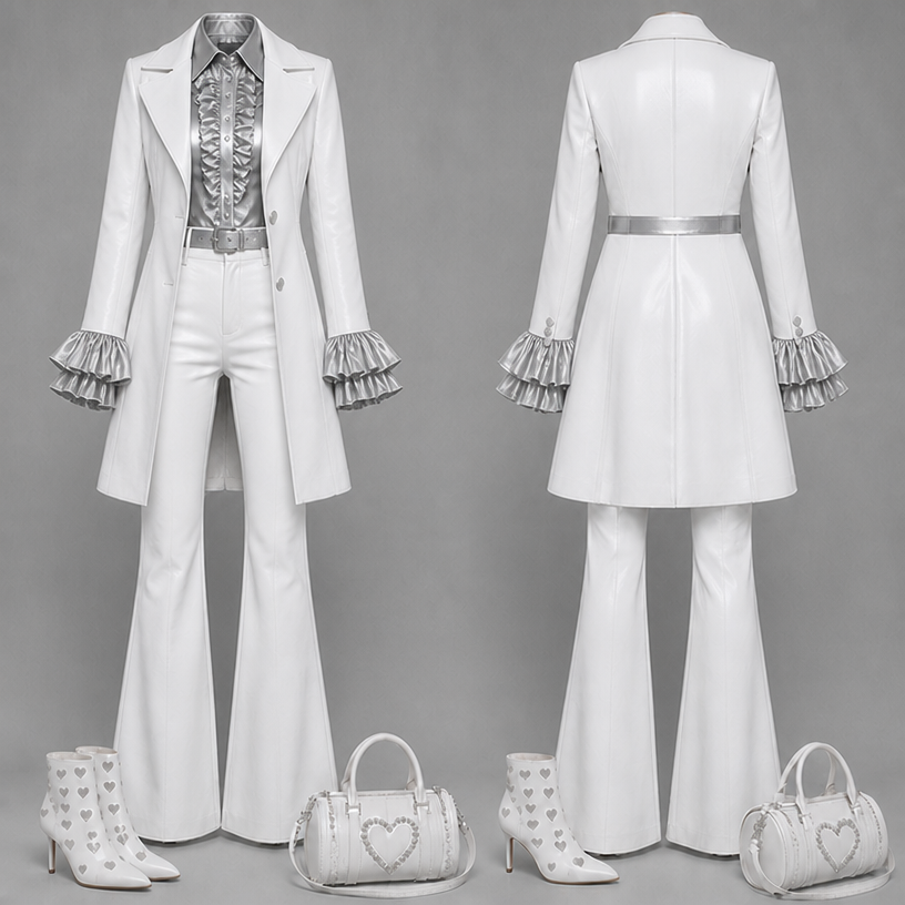Make the ruffle on the cuffs larger and wider and the blouse make the ruffles fuller
edit the attached fashion design with these instructions: Make the ruffle on the cuffs larger and wider and the blouse make the ruffles fuller. keep it photorealistic, just the design no text