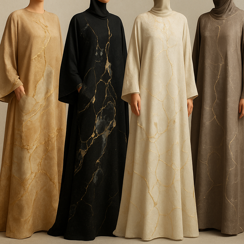 Create a modest boubou, the first of its kind, featuring a unique stone design that exudes a classy and sophisticated vibe. I'd like four designs, each showcasing different styles and fabrics. Incorporate high-end, unique chic stone designs to make them truly special. Add little sophisticated stone designs.