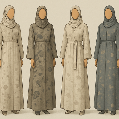 Create a modest two-piece linen abaya, the first of its kind, featuring a unique stone design that exudes a classy and sophisticated vibe. I’d like four designs, each showcasing different styles and fabrics. Incorporate high-end, unique chic stone designs to make them truly special. Add little sophisticated stone designs.