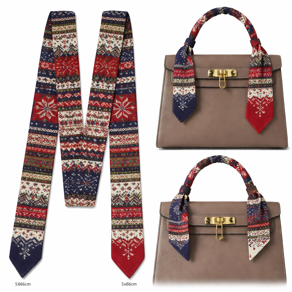 Silk scarf that is 5x86cm designed for a handle on a Kelly style bag that is fair isle British style
Silk scarf that is 5x86cm designed for a handle on a Kelly style bag that is fair isle British style, classic style, show front and back