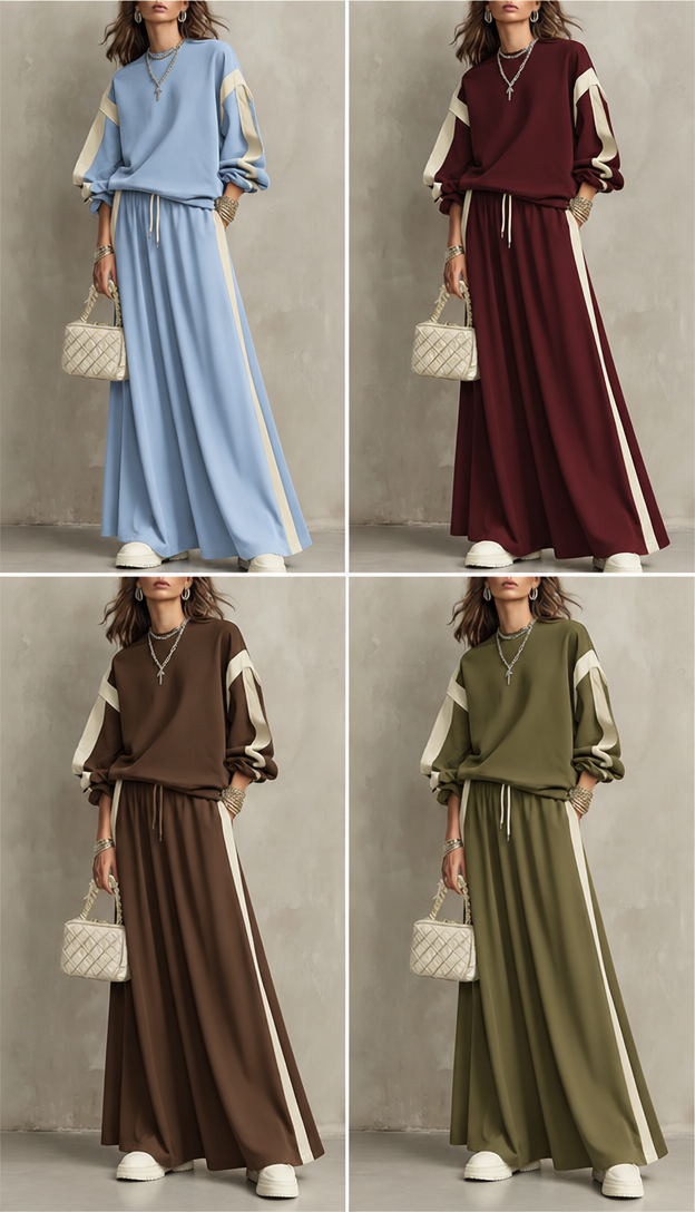 Redesigned: Now please create the same set in different colors, for example:
Light blue
Burgundy
Brown
Khaki green
Keep the exact same design and fit — only change the colors.
Restyle the fashion design in the image: Now please create the same set in different colors, for example:
Light blue
Burgundy
Brown
Khaki green
Keep the exact same design and fit — only change the colors.. Keep the overall composition and photographic style unless instructed otherwise. Photorealistic editorial fashion photograph, no text.