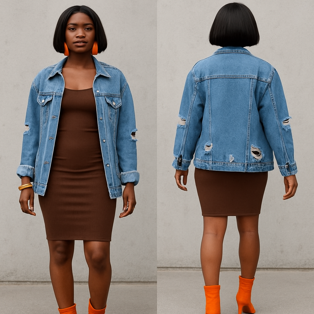 Black woman
Bodycon brown dress
Long ripped blue jean jacket
Orange earrings and bracelet
Bob
Orange boot heels
Black woman
Bodycon brown dress
Long ripped blue jean jacket
Orange earrings and bracelet
Bob
Orange boot heels
, streetwear style, show front and back