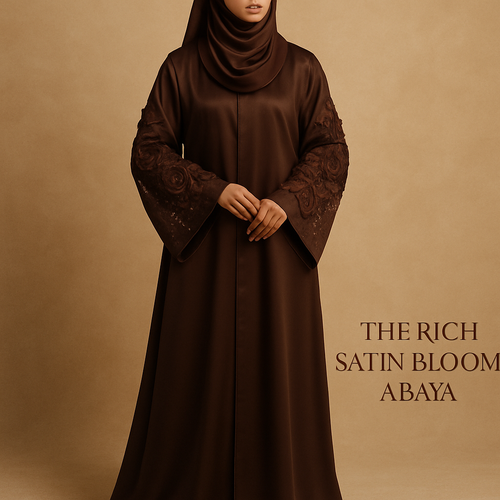 The Rich Satin-Bloom Abaya
Tone: Chocolate Brown Design: Mixed satin flowers on sleeves + scattered golden stones.