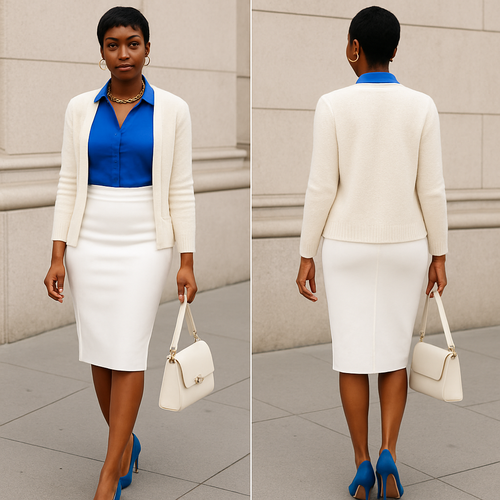Black woman 
Pixie 
Blue Fitted shirt with collar 
White pencil skirt 
Blue heels 
White cardigan 
Gold jewelry
Purse 

