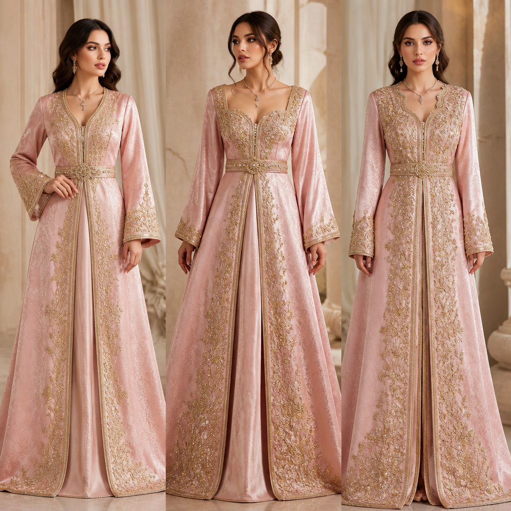 Transform the outfit in the reference image into an elegant and luxurious Algerian wedding gandoura (traditional Algerian couture dress), while keeping the same fabric and its exact color, texture, pattern, and overall visual identity.
Create a sophisticated high-end Algerian bridal/wedding design with a long flowing silhouette, elegant fitted upper body, refined traditional Algerian details, luxurious embroidery, delicate handwork, intricate gold and silver threadwork, subtle sparkling embellishments, fine beadwork, elegant crystals and sequins, and beautifully detailed embroidery around the neckline, chest, sleeves, waist and lower part of the dress.
Make the design look authentically Algerian, inspired by elegant modern Algerian wedding gandouras and traditional Maghrebi couture, but with a modern luxurious fashion-house finish.
The embroidery should be rich and highly detailed without looking excessive or messy. Create a balanced combination of traditional Algerian craftsmanship and modern haute couture. Make the sleeves elegant and sophisticated, with detailed cuffs. Add a beautifully designed neckline and a refined waist treatment that enhances the silhouette.
The final garment must look realistic, luxurious, expensive, elegant and suitable for a formal Algerian wedding ceremony. Preserve the original fabric as realistically as possible and make the embroidery and decorations look physically sewn onto the fabric, not digitally painted.
Show the complete gandoura from head-to-toe on a professional fashion model, in a high-end couture studio, with realistic fabric folds, accurate garment construction, professional fashion photography, realistic lighting and extremely detailed textile craftsmanship.
Generate several different design variations while keeping the same fabric, so I can choose the most beautiful model.. Algeria fashion aesthetics.
photorealistic fashion design, Transform the outfit in the reference image into an elegant and luxurious Algerian wedding gandoura (traditional Algerian couture dress), while keeping the same fabric and its exact color, texture, pattern, and overall visual identity.
Create a sophisticated high-end Algerian bridal/wedding design with a long flowing silhouette, elegant fitted upper body, refined traditional Algerian details, luxurious embroidery, delicate handwork, intricate gold and silver threadwork, subtle sparkling embellishments, fine beadwork, elegant crystals and sequins, and beautifully detailed embroidery around the neckline, chest, sleeves, waist and lower part of the dress.
Make the design look authentically Algerian, inspired by elegant modern Algerian wedding gandouras and traditional Maghrebi couture, but with a modern luxurious fashion-house finish.
The embroidery should be rich and highly detailed without looking excessive or messy. Create a balanced combination of traditional Algerian craftsmanship and modern haute couture. Make the sleeves elegant and sophisticated, with detailed cuffs. Add a beautifully designed neckline and a refined waist treatment that enhances the silhouette.
The final garment must look realistic, luxurious, expensive, elegant and suitable for a formal Algerian wedding ceremony. Preserve the original fabric as realistically as possible and make the embroidery and decorations look physically sewn onto the fabric, not digitally painted.
Show the complete gandoura from head-to-toe on a professional fashion model, in a high-end couture studio, with realistic fabric folds, accurate garment construction, professional fashion photography, realistic lighting and extremely detailed textile craftsmanship.
Generate several different design variations while keeping the same fabric, so I can choose the most beautiful model.. Algeria fashion aesthetics., just the design no text