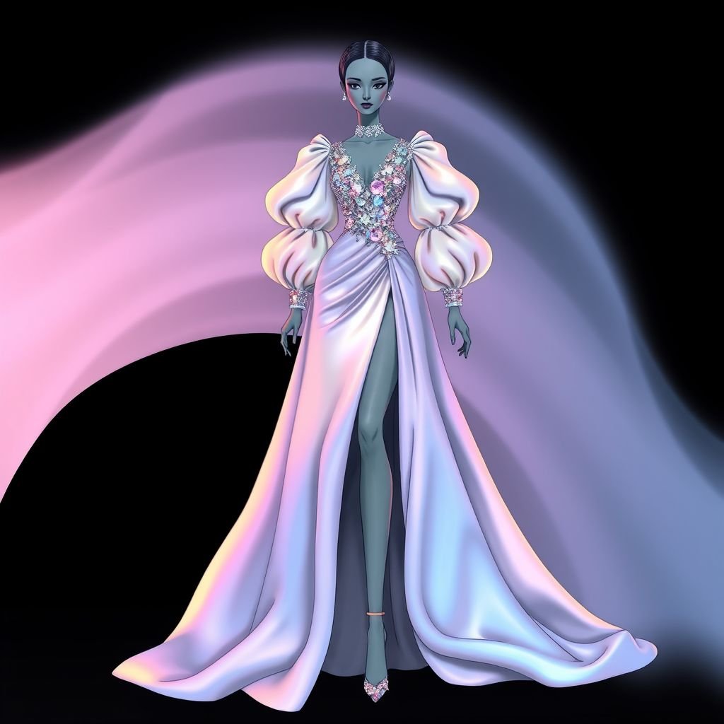 Glorieux
**Prompt: Glorieux**
Imagine a luxurious evening gown that embodies the essence of "Glorieux." The design features iridescent silk, cascading like water over an architectural silhouette. Adorned with crystal embellishments that mimic stars, the piece showcases dramatic puff sleeves and a daring thigh-high slit, celebrating opulence and elegance, perfect for a regal affair.