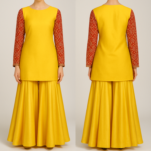 Yellow kurta short till hips with entire patch red and golden design on sleeve , sleeves full length. Below that a loose Sharara