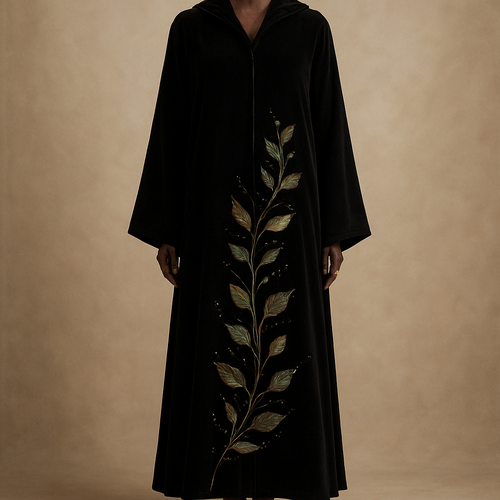 
4) Botanical vine with hand-painted leaves  
Photorealistic full-length black velvet ankle-length abaya on a luxurious polished dark-walnut wooden mannequin with carved pedestal, ankle visible; hand-painted metallic green and bronze leaf vine ascending from hem to waist, accented with scattered small crystals and seed pearls. Studio: soft natural-key light, neutral warm-beige backdrop, painterly detail. (Midjourney: --ar 2:3 --v 5 --q 2
