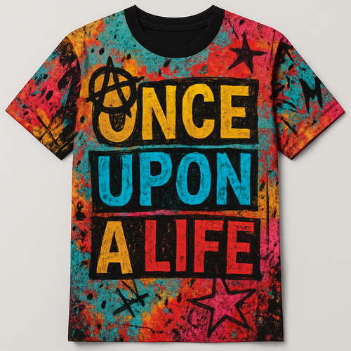 One of a kind colorful T shirt designing with words written on it saying once upon a life,