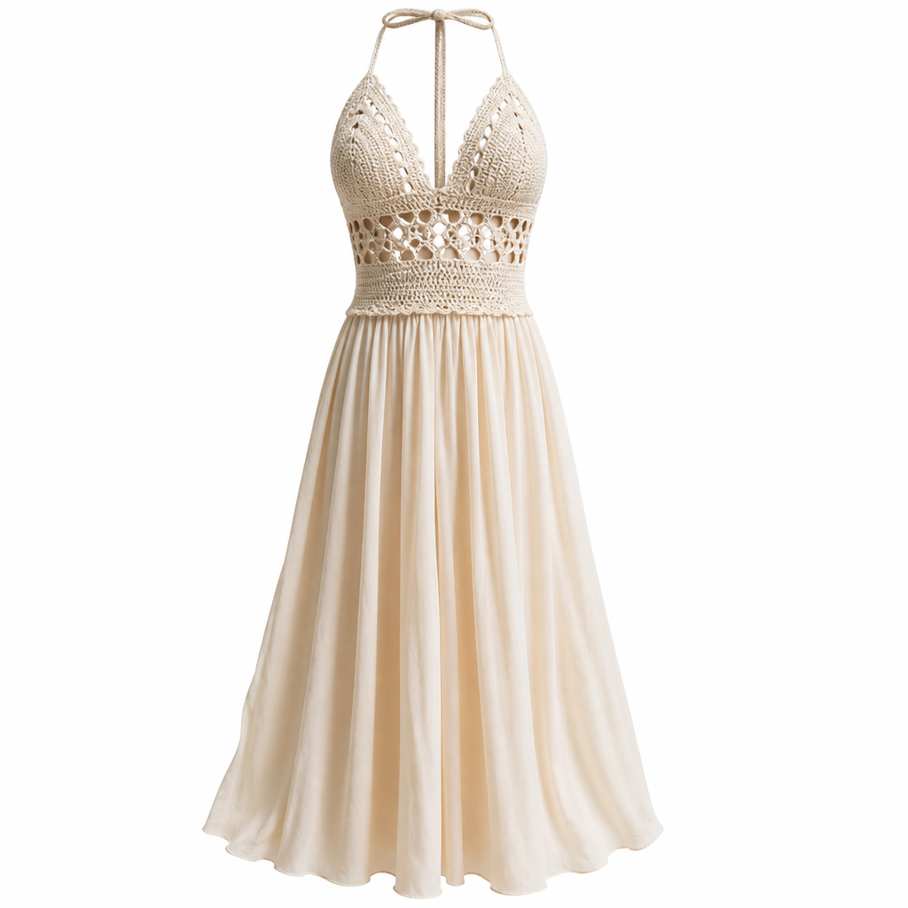 Summer dress crochet top flow skirt
photorealistic fashion design, Summer dress crochet top flow skirt , summer style, just the design no text