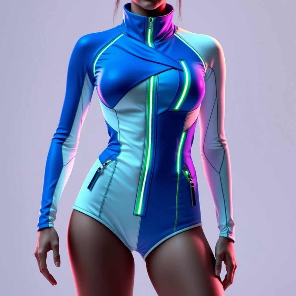 neon blue and white zipper shorts unitard
Envision a futuristic neon blue and white zipper shorts unitard, featuring asymmetrical panels that highlight the body's curves. The sporty silhouette boasts a high neckline and a dramatic, sculpted collar. Accentuated with iridescent zip details and sleek side pockets, this avant-garde piece harmoniously blends function and fashion for dynamic streetwear appeal.