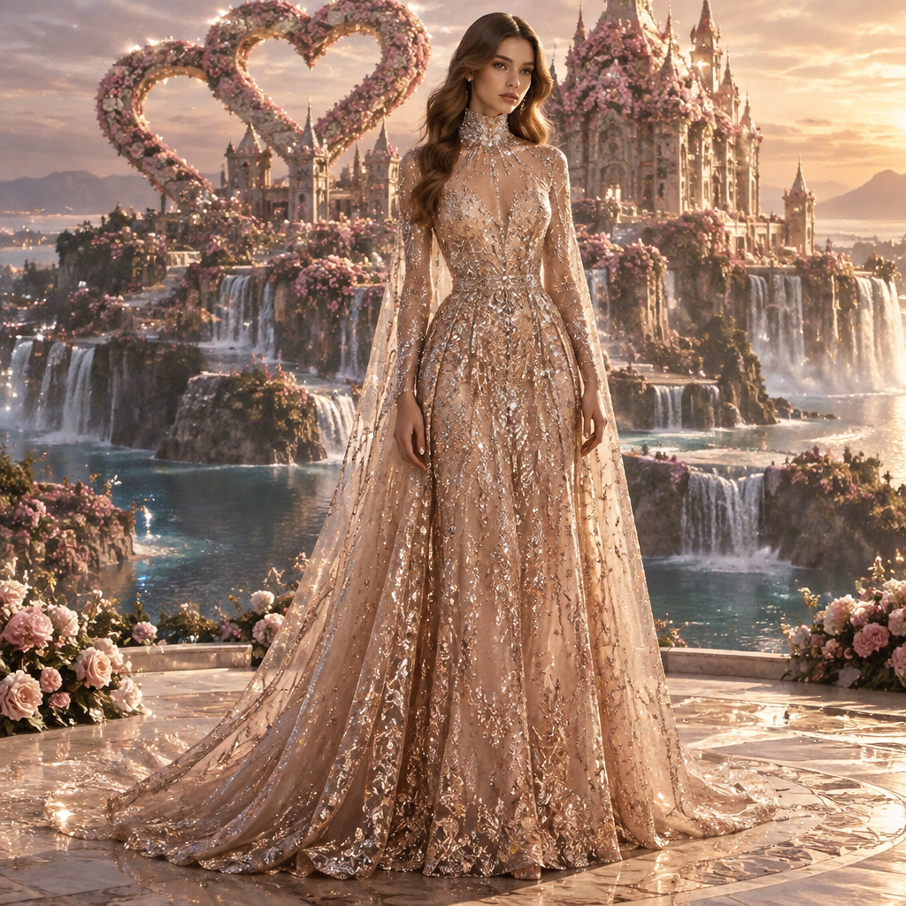 photorealistic fashion design, A Female Dress design, suitable for Fall. с длильным воротником стоячим блестящая с блёстками. GE fashion aesthetics. Present it as professional fashion catalogue photography: the garment is the subject, shown full-length with editorial styling, neutral posing and tasteful, non-suggestive framing., just the design no text. Refinement: остров с двумя сердечками вместе гигантский замок из цветка водопады блестящие грудь маленькая
photorealistic fashion design, photorealistic fashion design, A Female Dress design, suitable for Fall. с длильным воротником стоячим блестящая с блёстками. GE fashion aesthetics. Present it as professional fashion catalogue photography: the garment is the subject, shown full-length with editorial styling, neutral posing and tasteful, non-suggestive framing., just the design no text. Refinement: остров с двумя сердечками вместе гигантский замок из цветка водопады блестящие грудь маленькая, just the design no text