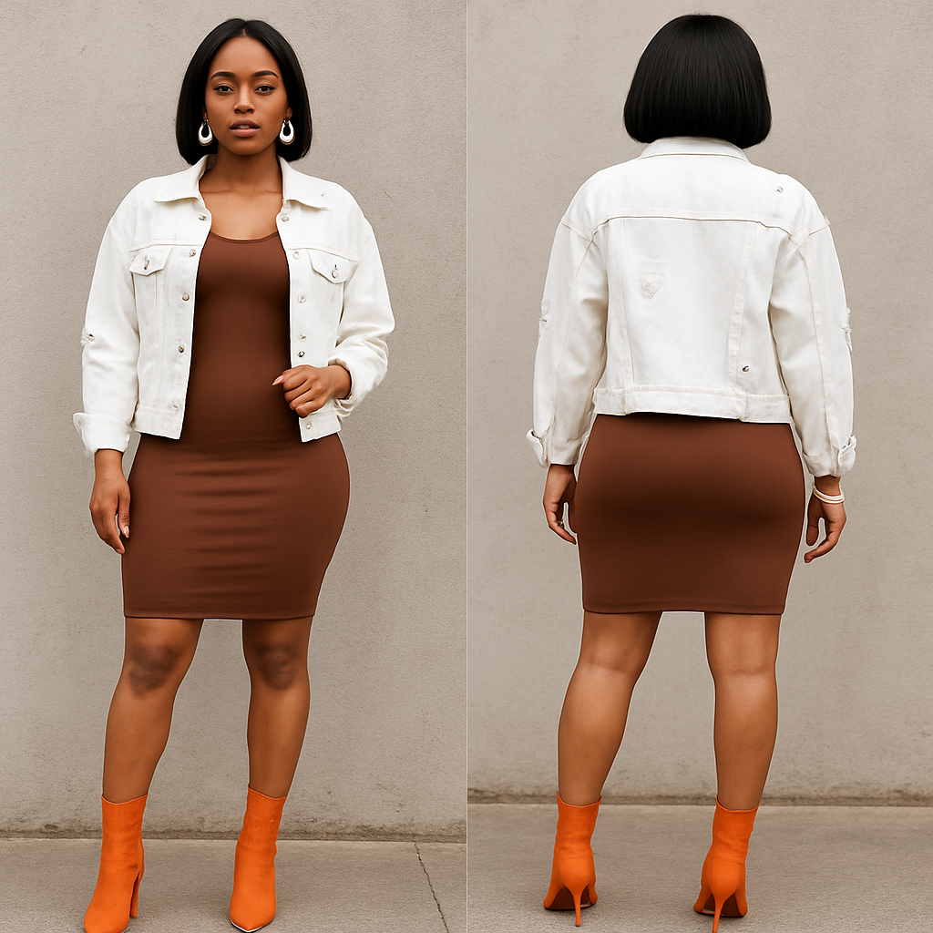 Black woman
Bodycon brown dress
Whitelong ripped jean jacket
White earrings and bracelet
Bob
Orange boot heels
Black woman
Bodycon brown dress
Whitelong ripped jean jacket
White earrings and bracelet
Bob
Orange boot heels
, streetwear style, show front and back