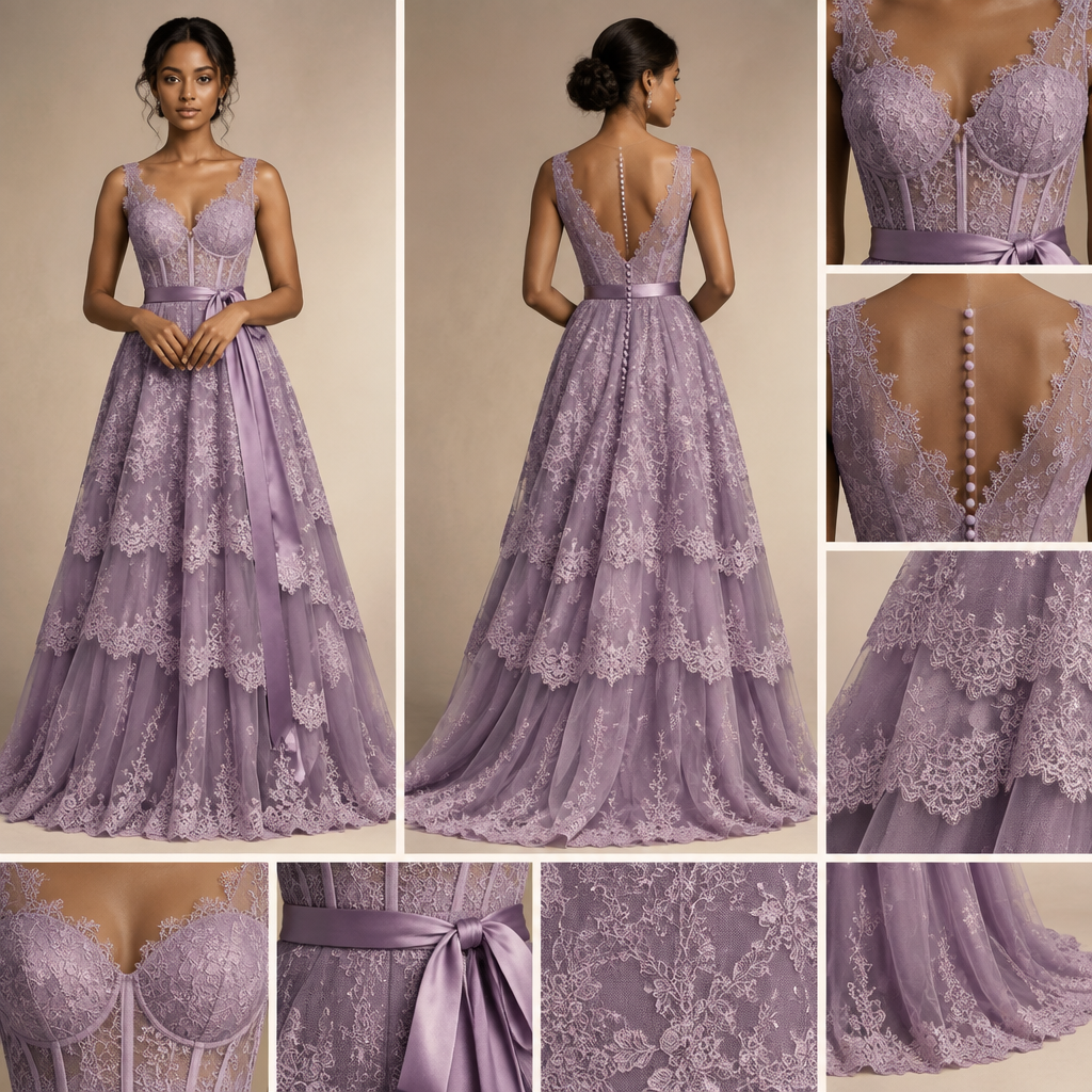 A Female Dress design, suitable for Summer, in Classic style. 1,scalloped eyelash lace
2, bust architecture
3 santander ribbon belt with dusty purple
4, two scale lace over lay
5,lower flare start
6, HeM finished
7 deep v back
8, back closure covered buttons from neck line to waist with concealed zip and hook and eye at top
9, bodice structure
10, lace placement
colour purple dusty purple
light purple. Ethiopia fashion aesthetics. Present it as professional fashion catalogue photography: the garment is the subject, shown full-length with editorial styling, neutral posing and tasteful, non-suggestive framing.
photorealistic fashion design, A Female Dress design, suitable for Summer, in Classic style. 1,scalloped eyelash lace
2, bust architecture
3 santander ribbon belt with dusty purple
4, two scale lace over lay
5,lower flare start
6, HeM finished
7 deep v back
8, back closure covered buttons from neck line to waist with concealed zip and hook and eye at top
9, bodice structure
10, lace placement
colour purple dusty purple
light purple. Ethiopia fashion aesthetics. Present it as professional fashion catalogue photography: the garment is the subject, shown full-length with editorial styling, neutral posing and tasteful, non-suggestive framing., classic style, just the design no text
