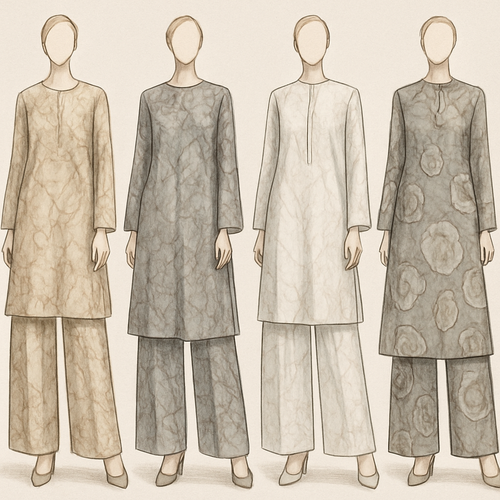 Create a modest two piece loose pant and long dress , first of its kind, featuring a unique stone design that exudes a classy and sophisticated vibe. I'd like four designs, each showcasing different styles and fabrics. Incorporate high-end, unique chic stone designs to make them truly special. Add little sophisticated stone designs. Make it irresistible!