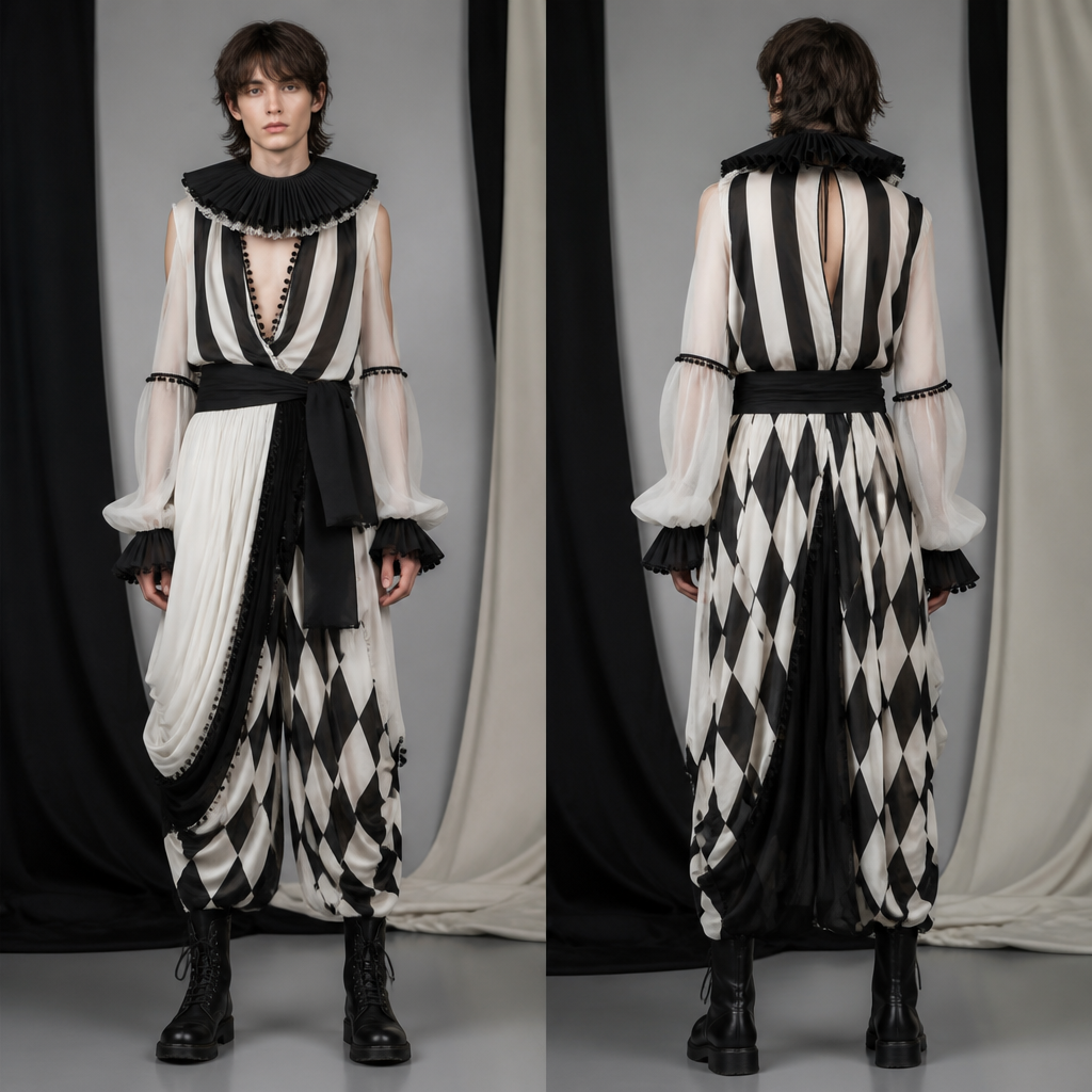 A Unisex Dress design, in a Monochrome color palette, for Festival, suitable for Fall, in Festival style, shown on a model with fair skin. black and white circus themed costume Present it as professional fashion catalogue photography: the garment is the subject, shown full-length with editorial styling, neutral posing and tasteful, non-suggestive framing.
photorealistic fashion design, A Unisex Dress design, in a Monochrome color palette, for Festival, suitable for Fall, in Festival style, shown on a model with fair skin. black and white circus themed costume Present it as professional fashion catalogue photography: the garment is the subject, shown full-length with editorial styling, neutral posing and tasteful, non-suggestive framing., festival style, just the design no text, show front and back