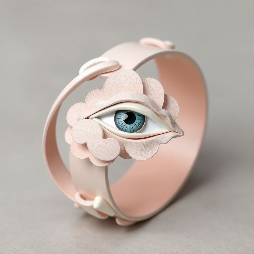 Papier-mâché minimal bangle inspired by eye and clouds
Design a whimsical, minimalist bangle crafted from delicately layered papier-mâché, featuring an elegant eye motif intertwined with soft, cloud-like forms. The bangle, in muted pastel shades, combines the ethereal with the avant-garde. Ideal for a fashion-forward individual, it evokes a sense of dreaminess, merging art and wearable design seamlessly.
