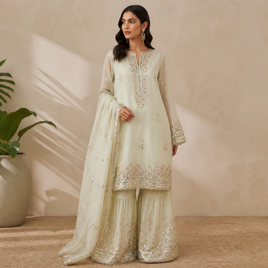 A Female fashion design. Consider Pakistani fashion — shalwar kameez, gharara, sharara; lawn fabrics, chiffon; intricate embroidery and mirror work. Current season is Summer in Pakistan.
photorealistic fashion design, A Female fashion design. Consider Pakistani fashion — shalwar kameez, gharara, sharara; lawn fabrics, chiffon; intricate embroidery and mirror work. Current season is Summer in Pakistan., just the design no text