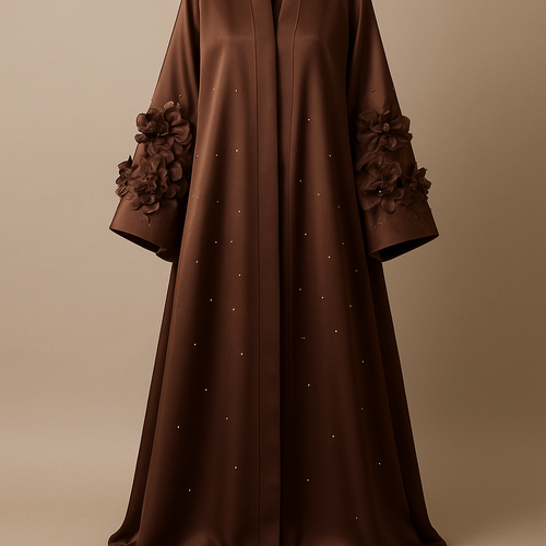 The Rich Satin-Bloom Abaya
Tone: Chocolate Brown Design: Mixed satin flowers on sleeves + scattered golden stones.