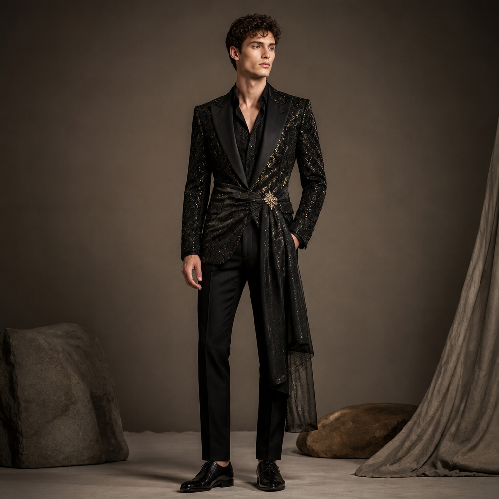 A Male Dress design, in Glamorous style. I want this male dress to be glamorous 😊. CM fashion aesthetics. Present it as professional fashion catalogue photography: the garment is the subject, shown full-length with editorial styling, neutral posing and tasteful, non-suggestive framing.
photorealistic fashion design, A Male Dress design, in Glamorous style. I want this male dress to be glamorous 😊. CM fashion aesthetics. Present it as professional fashion catalogue photography: the garment is the subject, shown full-length with editorial styling, neutral posing and tasteful, non-suggestive framing., glamorous style, just the design no text
