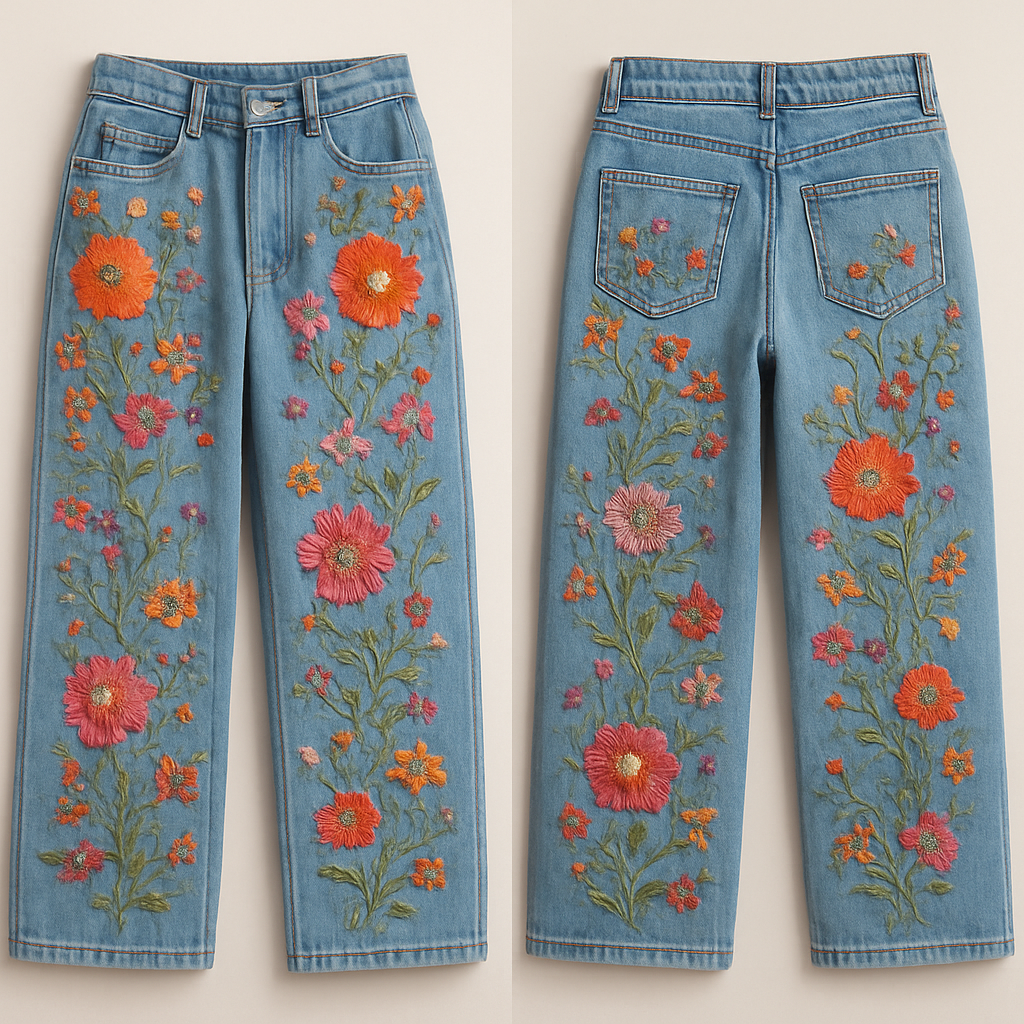 Design fun and chic loose jean with amazing detailed embroidery
Design fun and chic loose jean with amazing detailed embroidery , show front and back