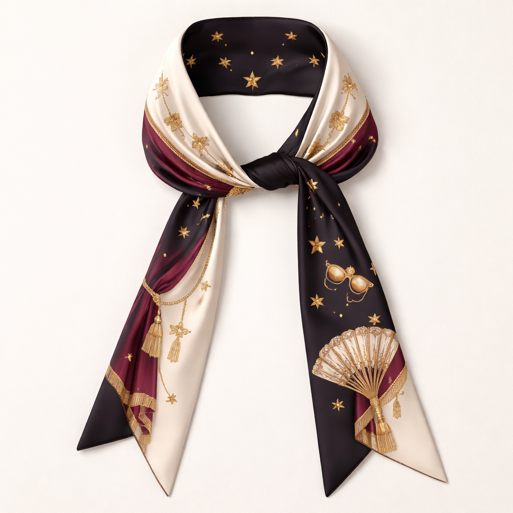 Silk scarf that is 5x86cm designed for someone who is attending a theater production with less detail and less intricate and no words
Silk scarf that is 5x86cm designed for someone who is attending a theater production with less detail and less intricate and no words , classic style