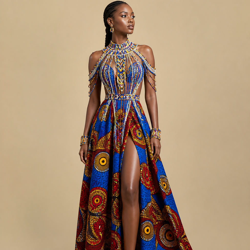 A Female fashion design. Consider Kenyan fashion — Maasai-inspired beadwork, kitenge prints, East African coastal styles.
photorealistic fashion design, A Female fashion design. Consider Kenyan fashion — Maasai-inspired beadwork, kitenge prints, East African coastal styles., just the design no text